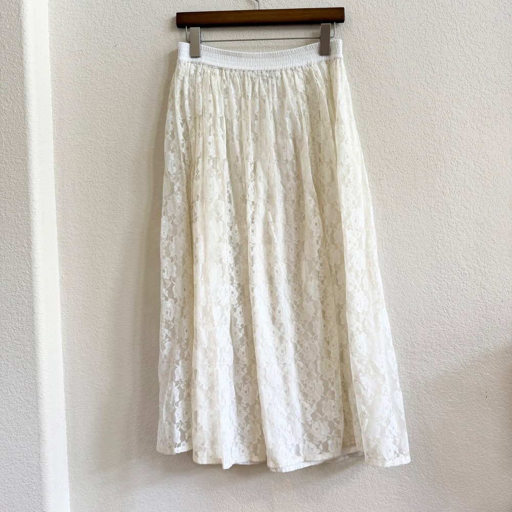 Phool Womens Ivory Floral Lace Maxi Skirt Elastic Waist Lined Rayon M